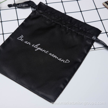 2021 Silk Printing Black Satin Drawstring Gift Pouch Custom silk bags with logo